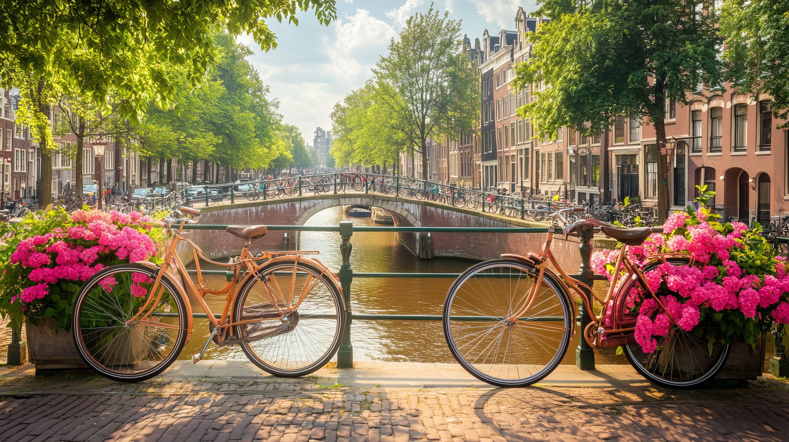 Panoramic view of the historic city center of Amsterdam on a quiet early morning. Traditional houses and bridges line the canals, capturing the essence of Amsterdam. Europe, Netherlands, Holland.