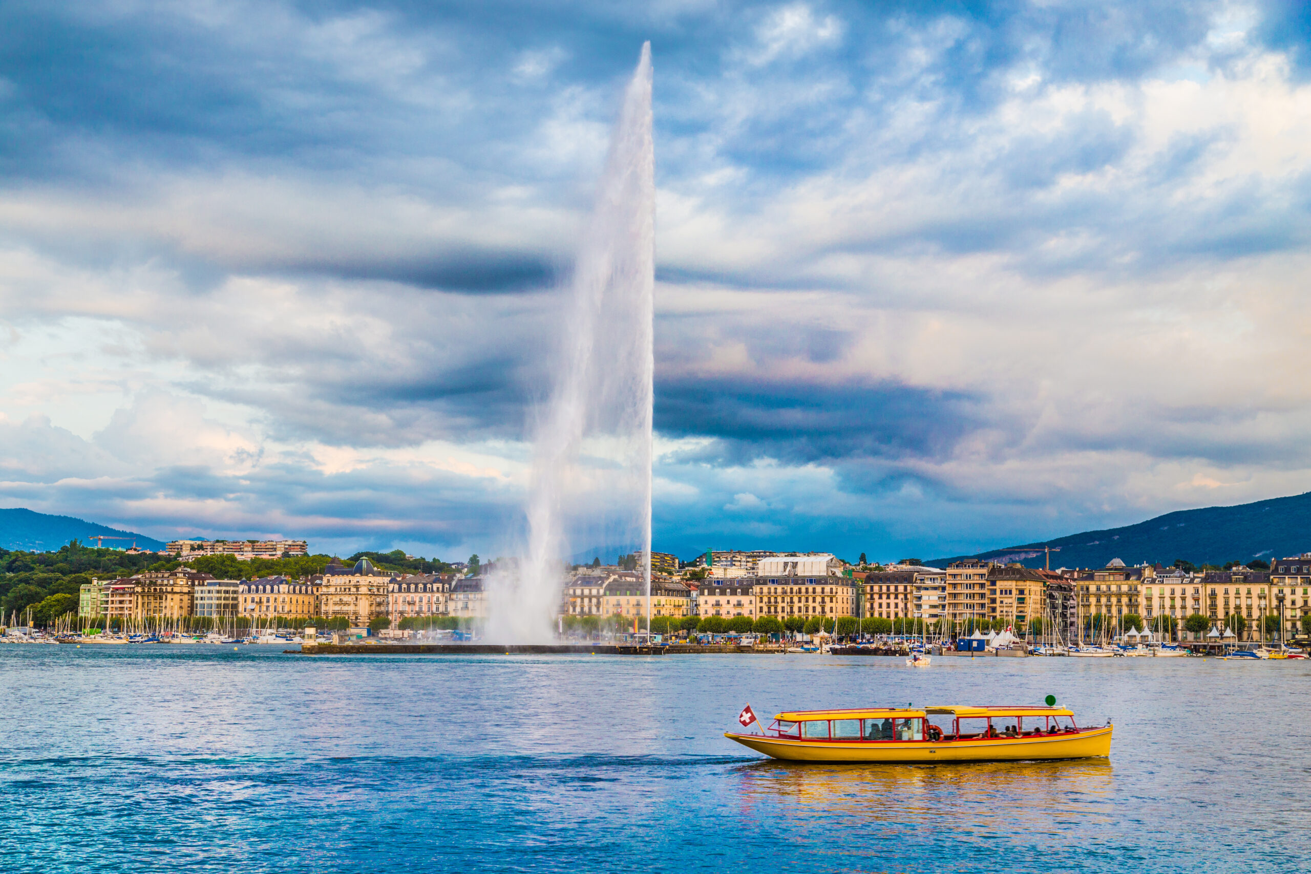 City of Geneva with famous Jet d’Eau fountain, Switzerland