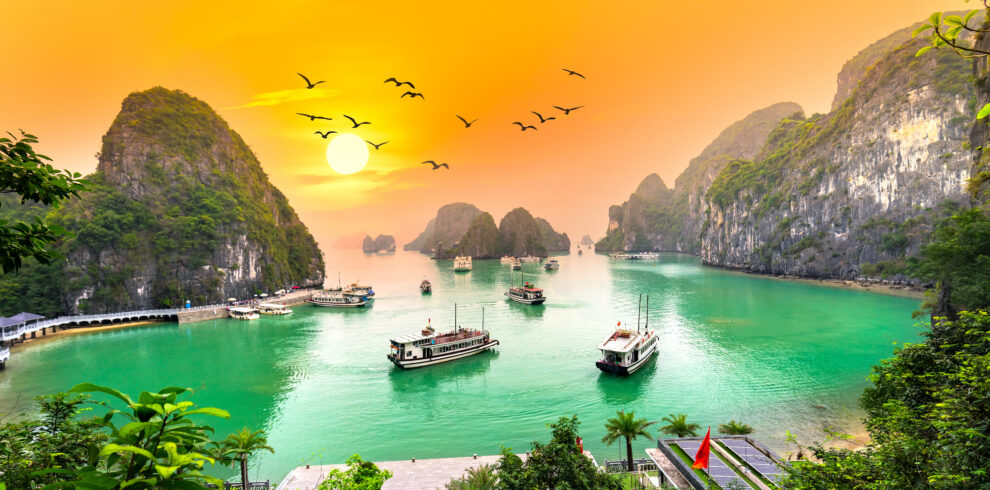 Dreamy sunset landscape Halong Bay, Vietnam view from adove. This is the UNESCO World Heritage Site, a beautiful natural wonder in northern Vietnam