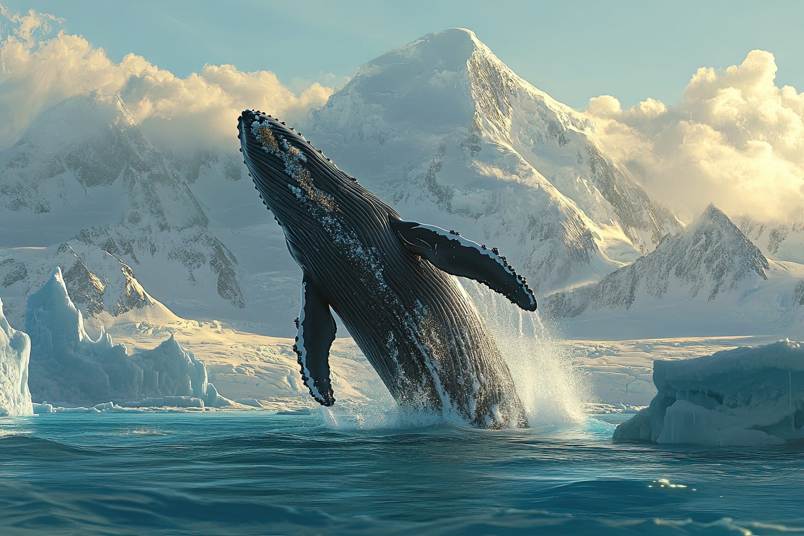 The concept of a luxury cruise in Alaska, focusing on whale watching in the Inside Passage with scenic mountain ranges