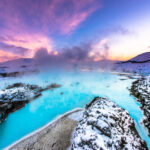 Beautiful landscape and sunset near Blue lagoon hot spring spa in Iceland 